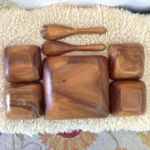 VINTAGE MCM Teak or Monkeypod Serving Set; Bowls, Spoon and Fork. Classic Style - Picture 4 of 5